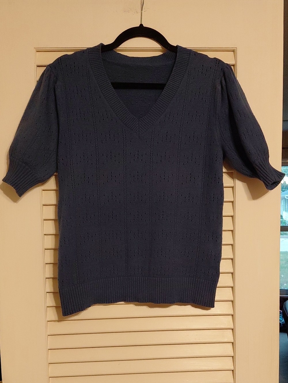 Blue Size L Short-Sleeve V-Neck Knit Sweater